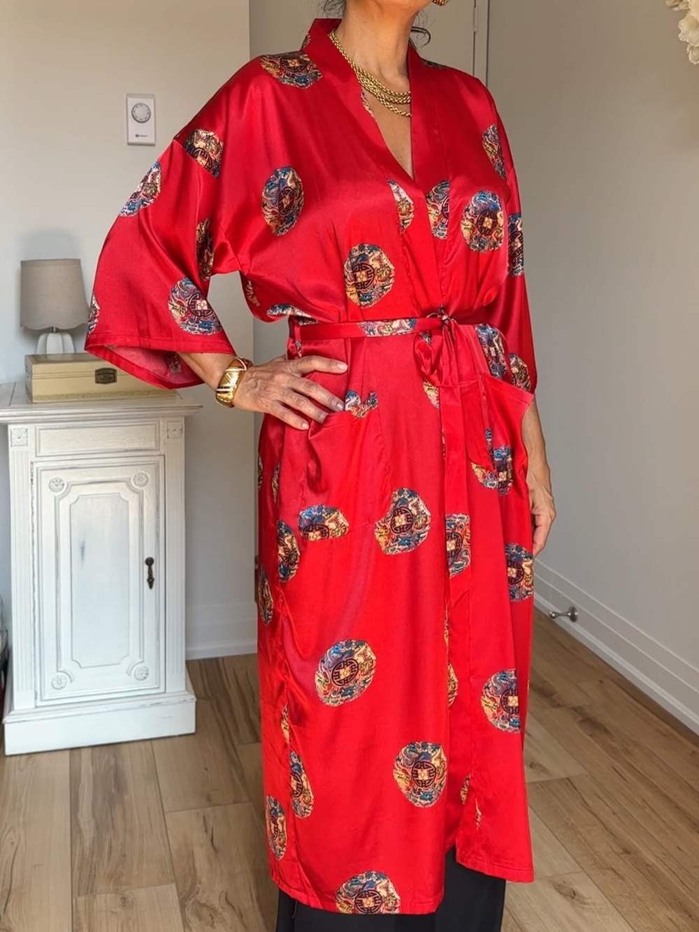 Vintage 90’s Mei R Red Satin Dragon Medallion Boho Duster Robe
